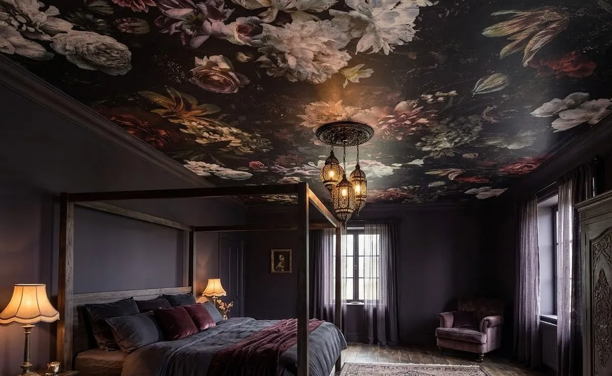 Carta da parati floreale posata sul soffitto di una camera da letto moderna