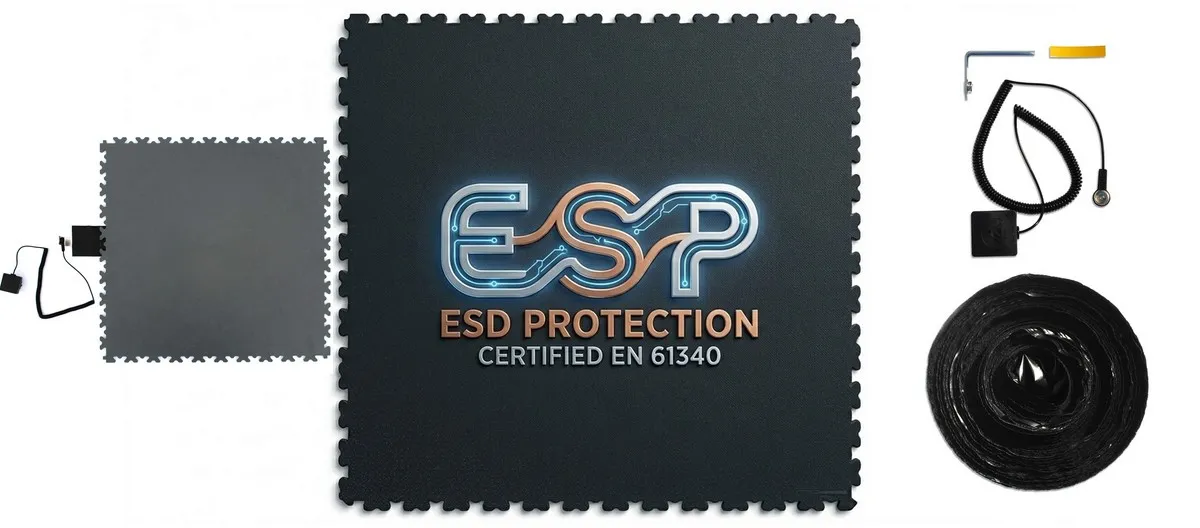 Pavimentazione ESD modulare certificata EN 61340 installata in un laboratorio di assemblaggio elettronico professionale (Area EPA).