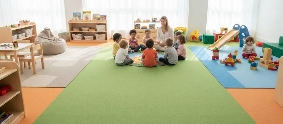 Interno di un asilo moderno con pavimentazione in moquette tecnica a tinta unita verde e aree gioco colorate.