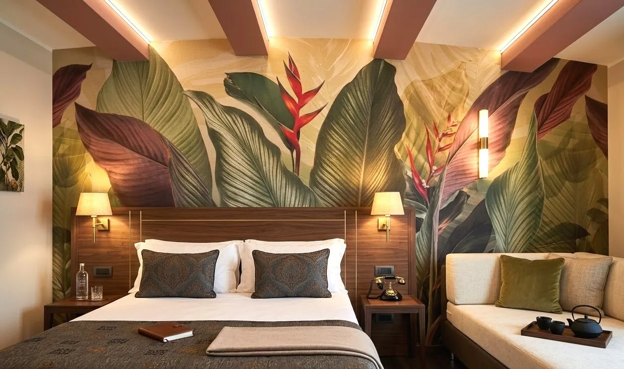 Carta da parati  con foglie tropicali tema moderno in suite hotel