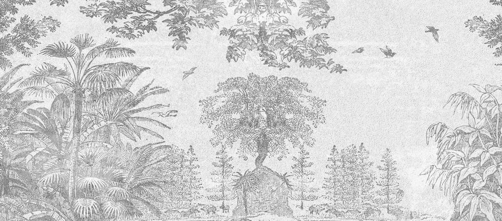 GIN2001SA | Carta da parati tropical chic in stile incisione antica
