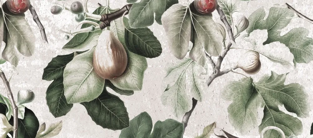 LINFA NATURAE | Carta da parati botanica con foglie verdi e frutti
