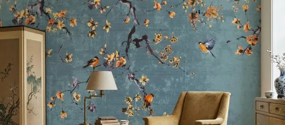 SAKU | Carta da parati fiori e pettirossi